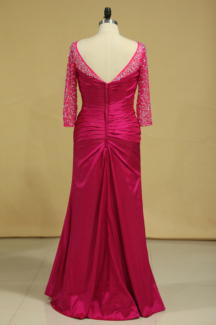 2024 Plus Size Scoop Mother Of The Bride Dresses Long Sleeves Taffeta With Beads And Ruffles Fuchsia