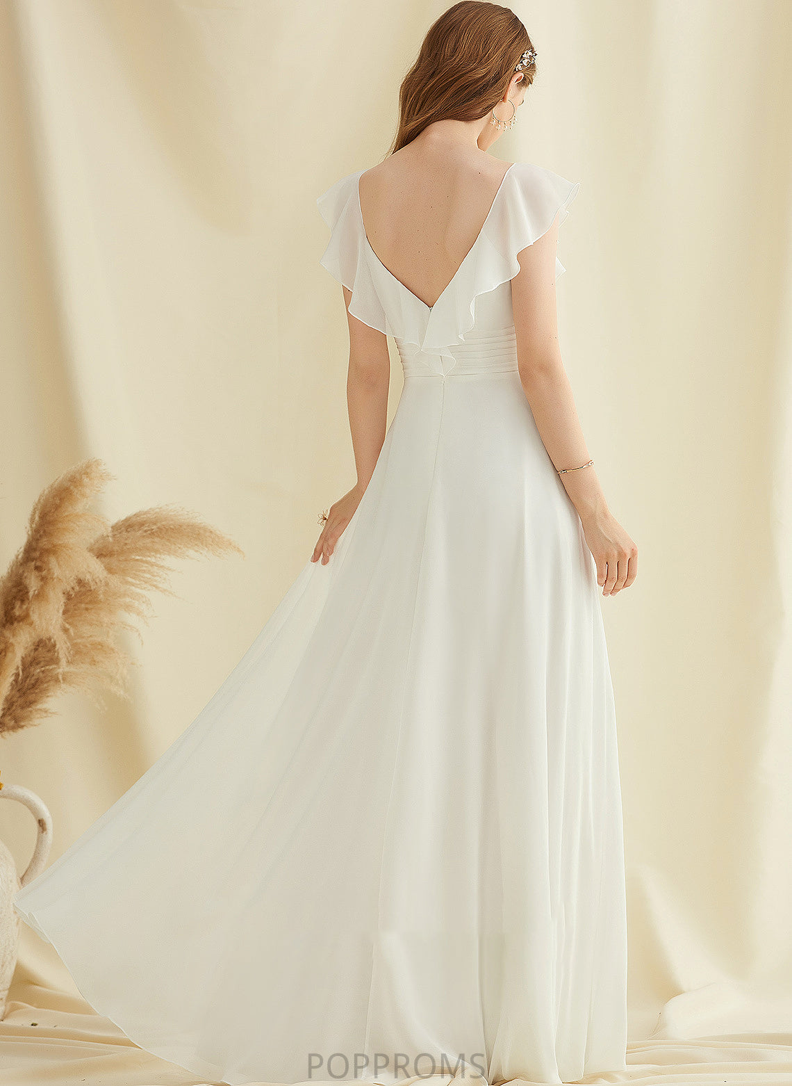 V-neck Wedding Ruffle With Dress Chiffon Amiah Wedding Dresses Floor-Length A-Line