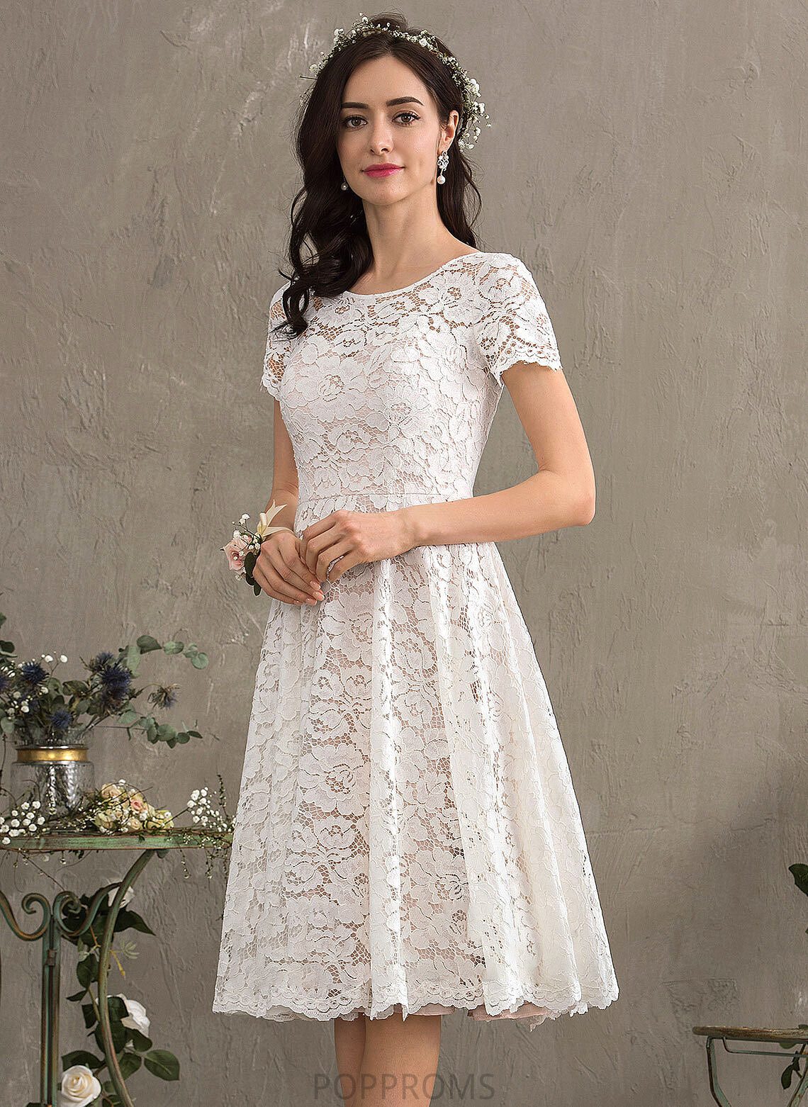 Scoop A-Line Cheyenne Knee-Length Dress Wedding Dresses Lace Wedding Neck