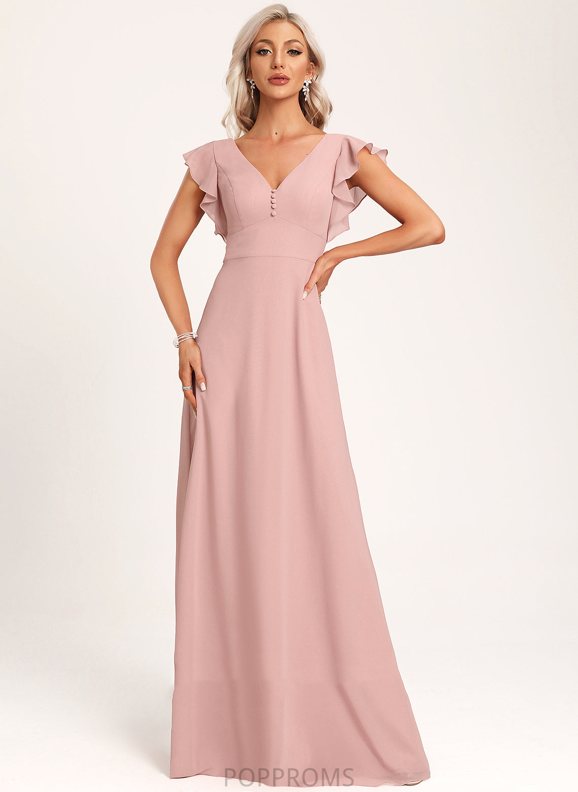 V-neck A-Line Ruffle Embellishment Floor-Length Silhouette Neckline Length Fabric Miah Spaghetti Staps Natural Waist Bridesmaid Dresses