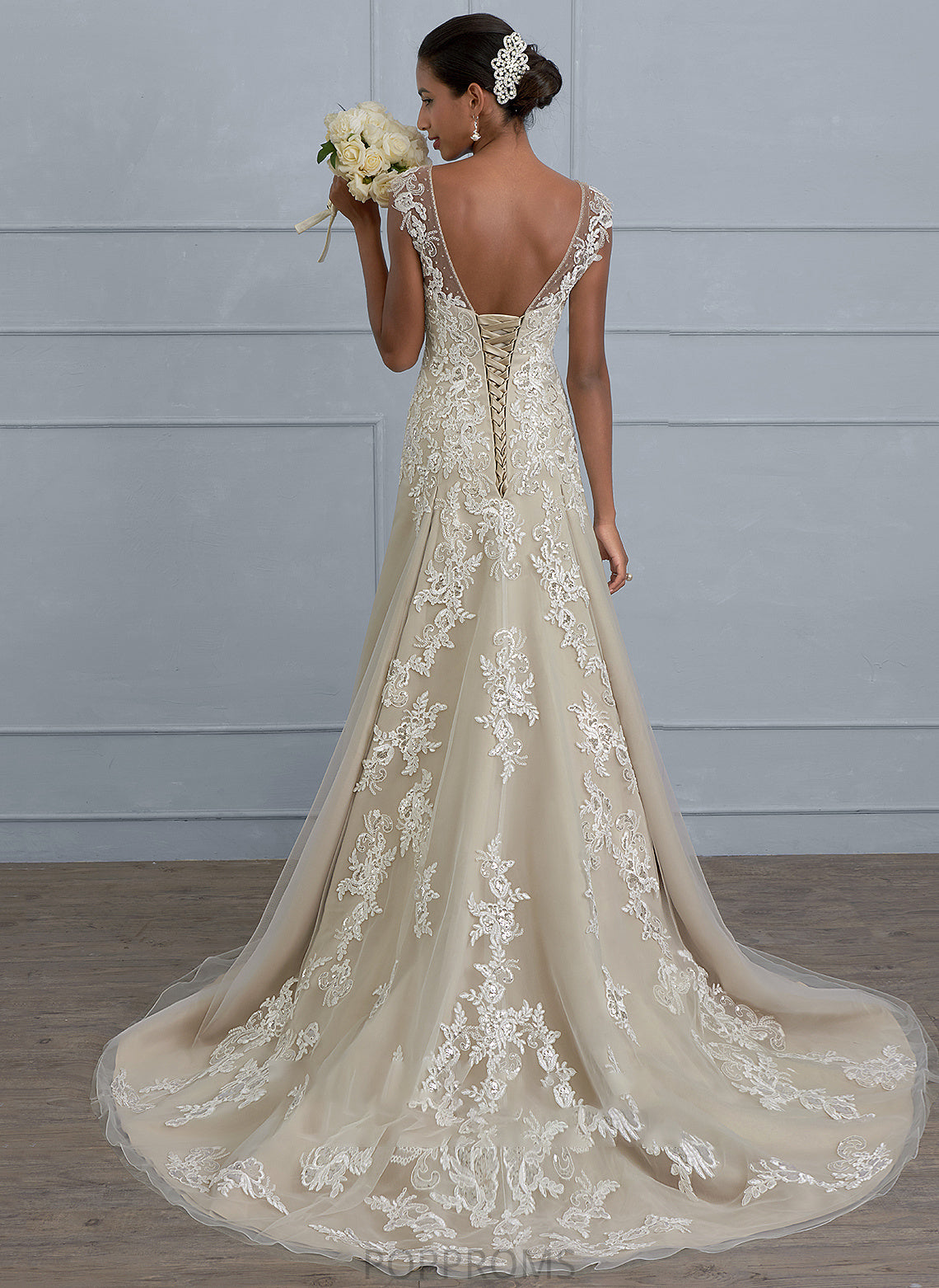 Dress Lace Sequins Wedding Dresses With Tulle Court V-neck Beading Train Sydnee Wedding A-Line