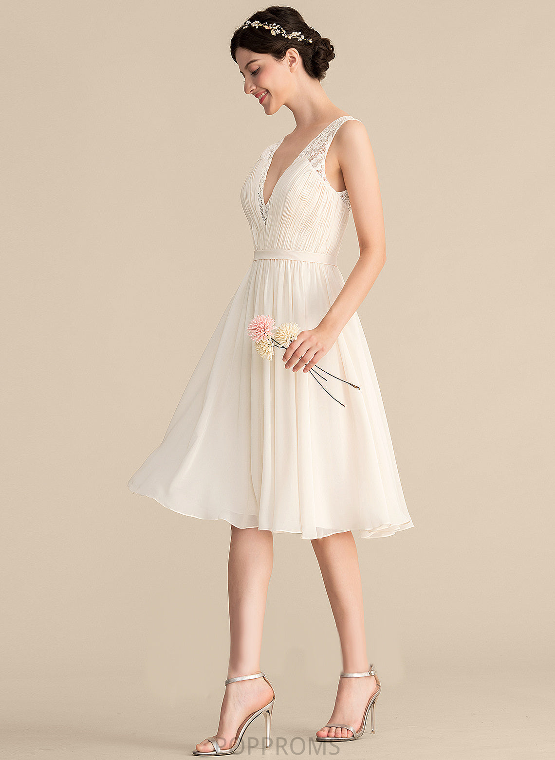 Dress Ruffle V-neck Cocktail Dresses Chiffon Knee-Length Cherish With A-Line Lace Cocktail