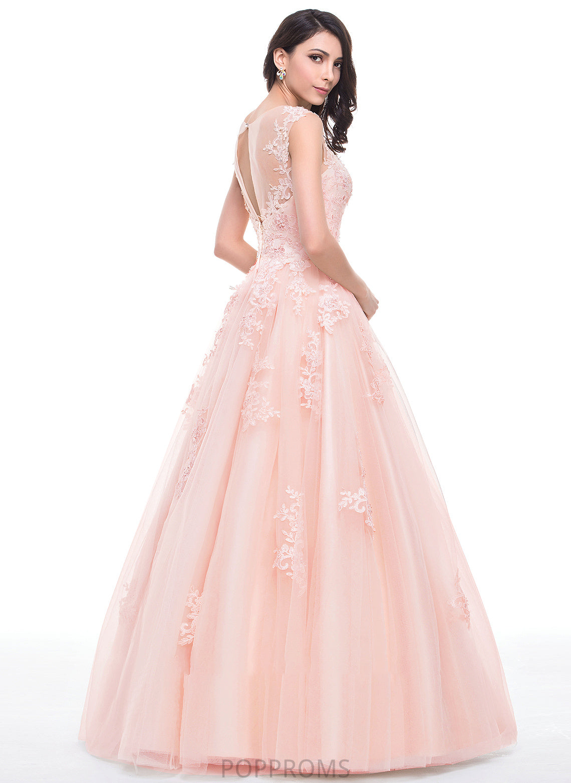 Ball-Gown/Princess Lace Prom Dresses Appliques Sequins Floor-Length Neck Beading Alma With Tulle Scoop