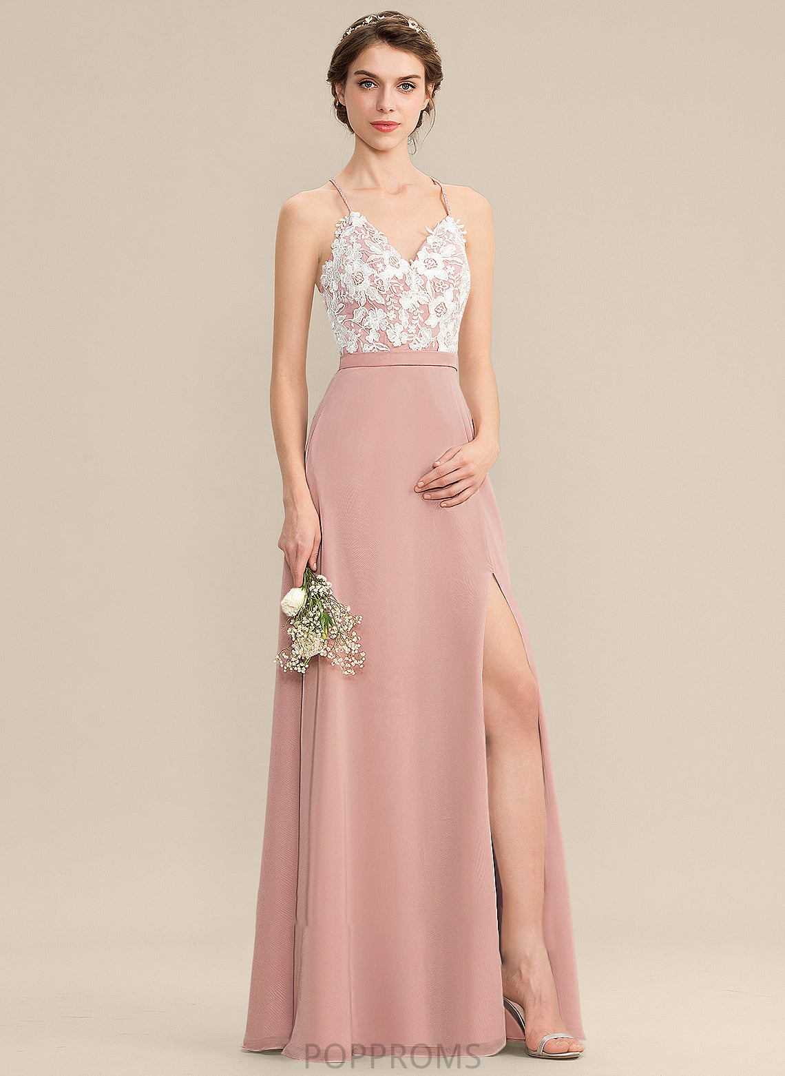 Chiffon With Floor-Length Front Lace Prom Dresses Split Bailey V-neck A-Line