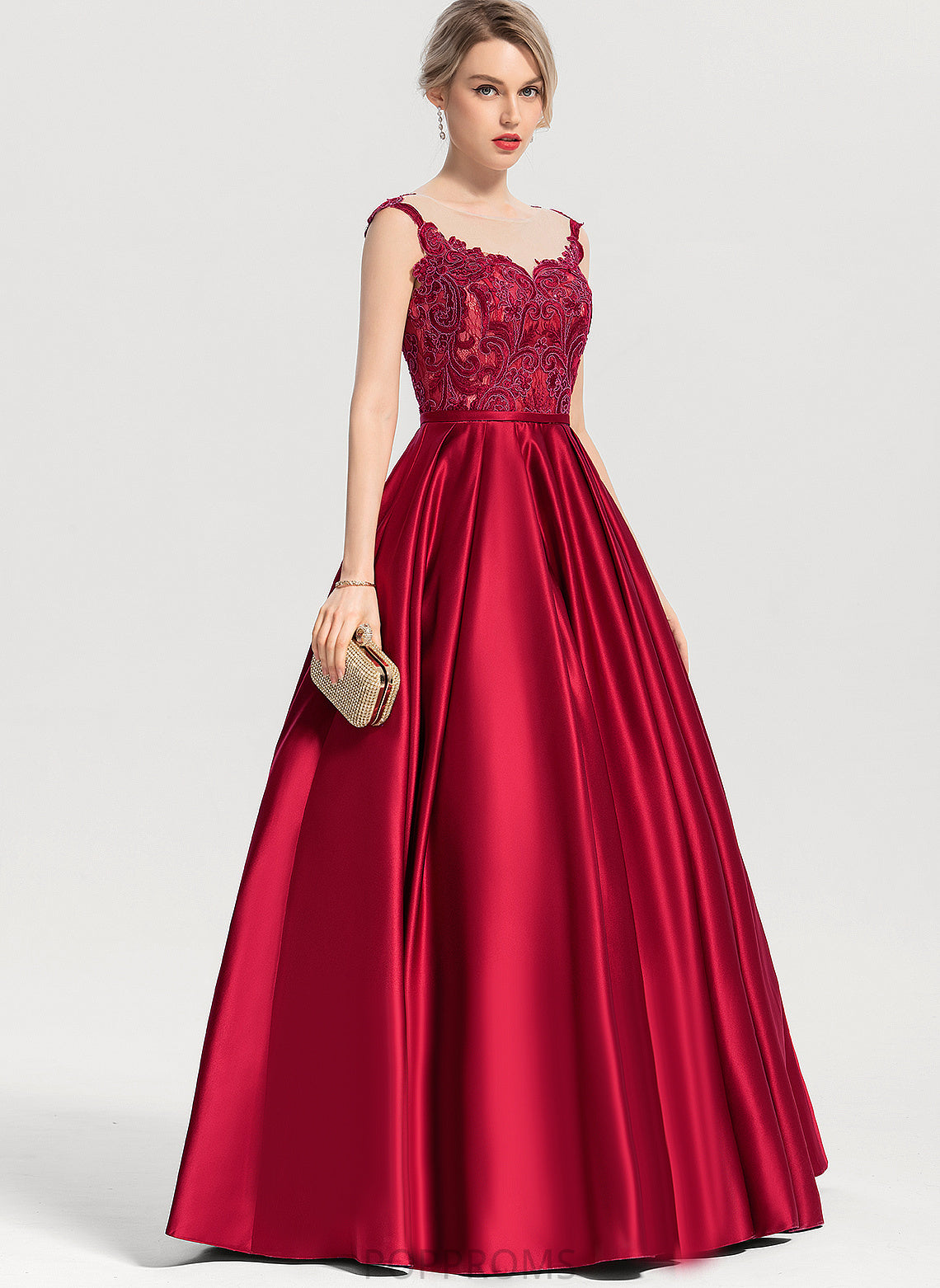 With Scoop LuLu Floor-Length Sequins Satin Lace Prom Dresses Ball-Gown/Princess