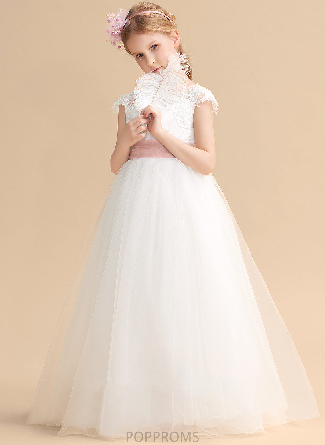 With Sleeveless Dress Willow Scoop Ball-Gown/Princess Flower Neck Lace/Sash Floor-length Girl Lace - Flower Girl Dresses