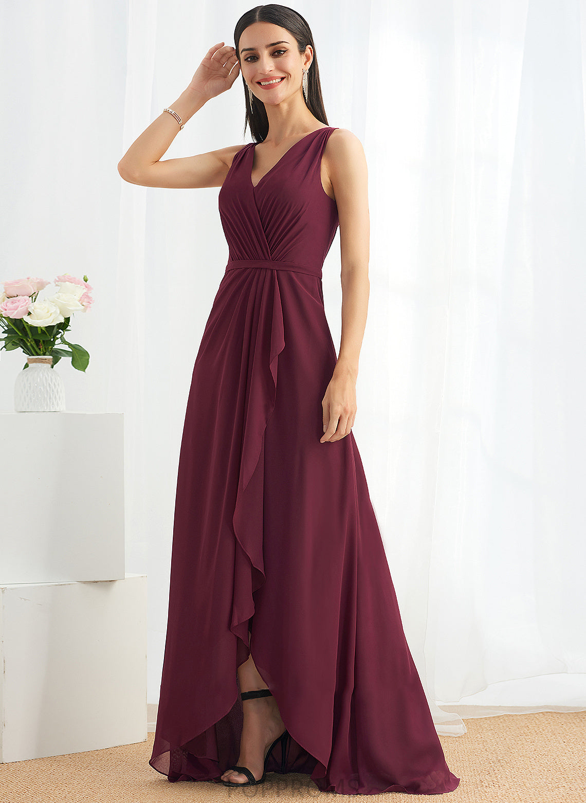 Length Fabric Silhouette Asymmetrical A-Line V-neck SplitFront Embellishment Neckline Jean V-Neck Floor Length Bridesmaid Dresses