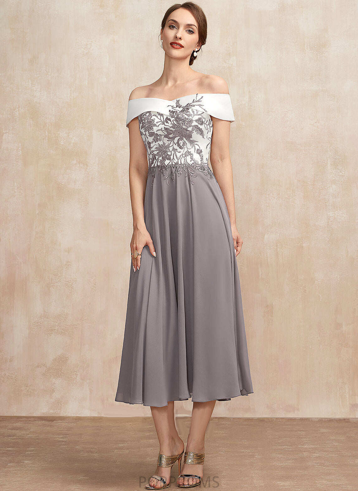 Dress Mother of the Bride Dresses the Mother Chiffon Lace Tea-Length A-Line Bride of Off-the-Shoulder Teresa