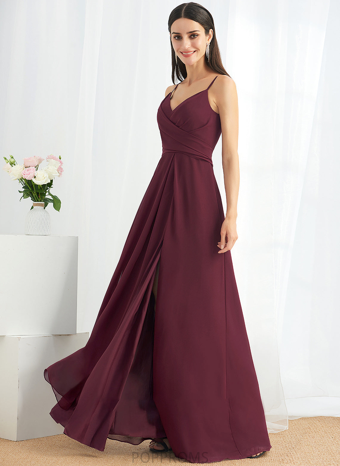 V-neck Silhouette A-Line Embellishment Ruffle Fabric Floor-Length Neckline SplitFront Length Kailee Empire Waist Bridesmaid Dresses