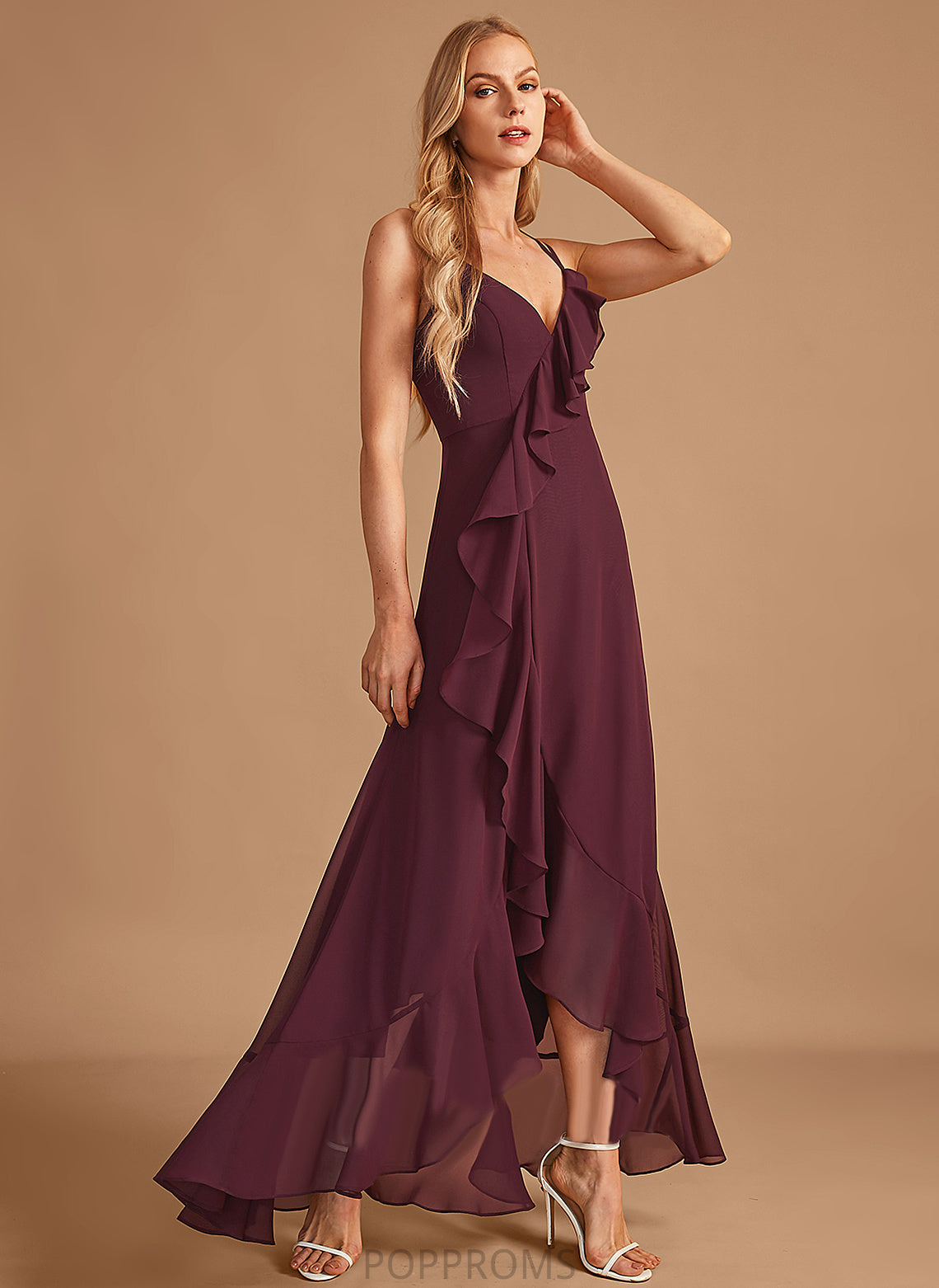 A-Line Embellishment Fabric V-neck Ruffle Asymmetrical SplitFront Neckline Length Silhouette Linda Sleeveless Bridesmaid Dresses