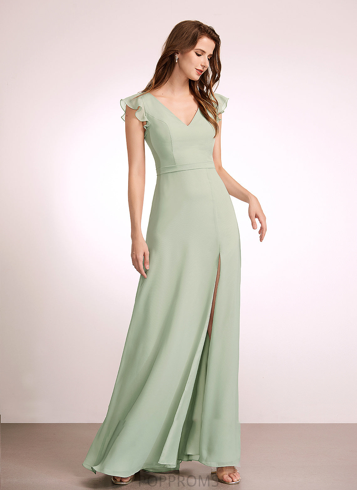 Floor-Length SplitFront Fabric A-Line Silhouette Embellishment Length Neckline V-neck Catalina Natural Waist A-Line/Princess Bridesmaid Dresses