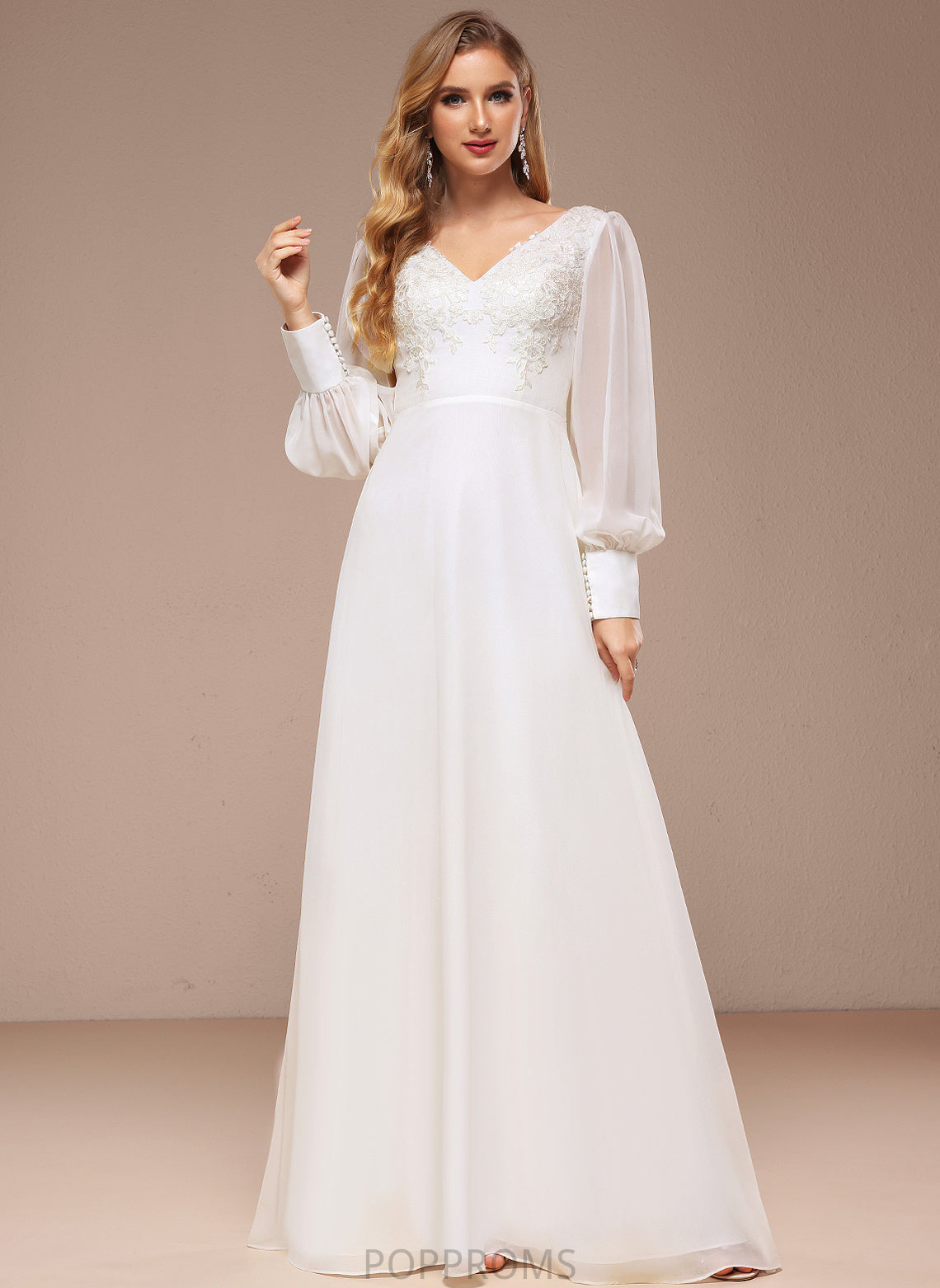 Sequins Floor-Length Wedding A-Line Lace With Chiffon Dress Wedding Dresses Una V-neck