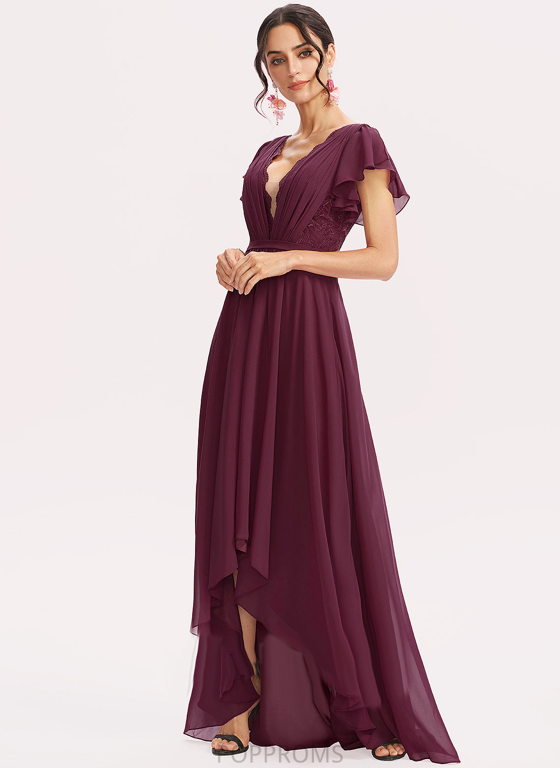 Ruffles Cocktail Dresses Chiffon Asymmetrical A-Line Cascading Nell Cocktail Lace V-neck Dress With