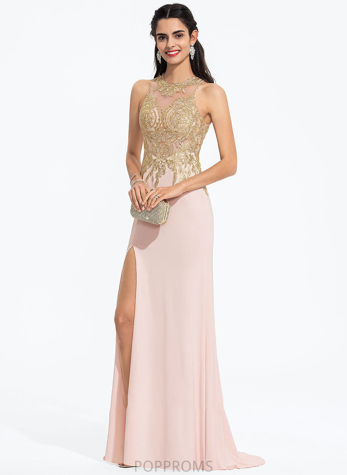 Lace Neck Train Sequins Sweep With Prom Dresses Scoop Harper Jersey Sheath/Column