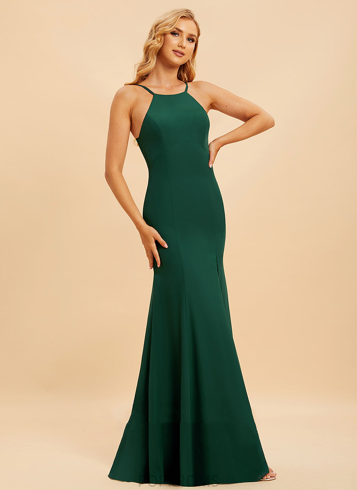 Silhouette Trumpet/Mermaid Length HighNeck Neckline Embellishment SplitFront Floor-Length Fabric India Spaghetti Staps Natural Waist Bridesmaid Dresses