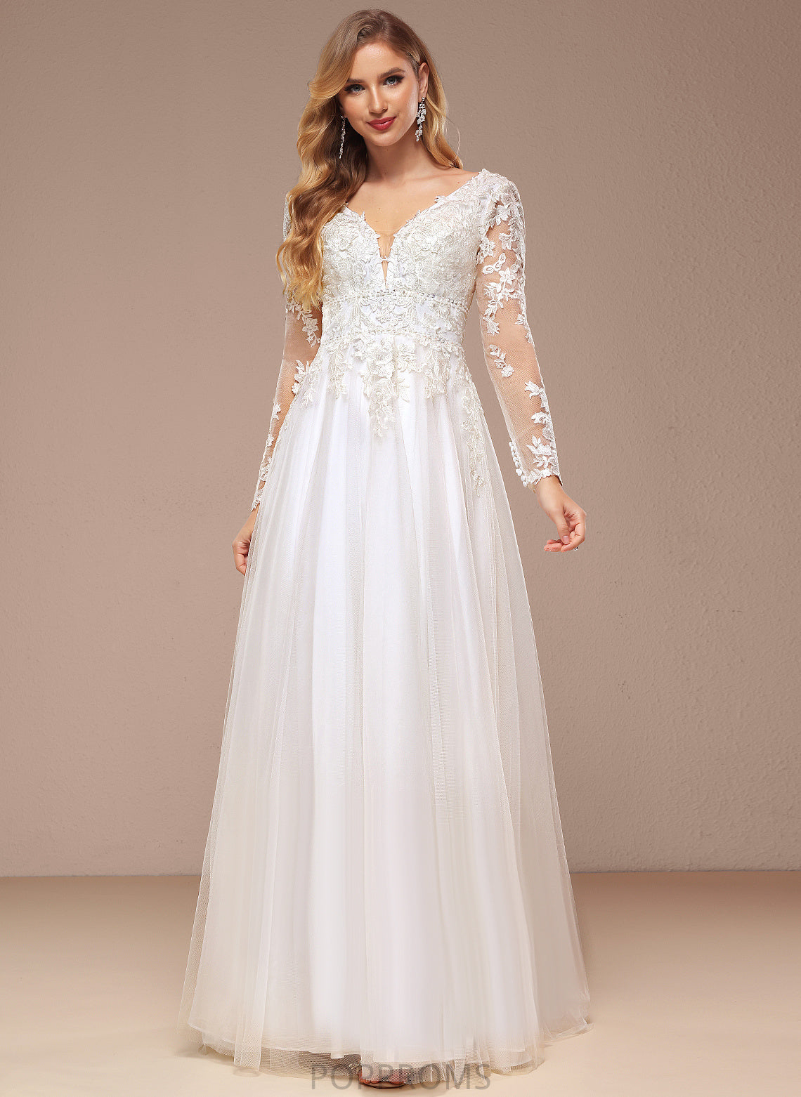 Lace A-Line Wedding Floor-Length Dress With Wedding Dresses Sequins Beading Tulle V-neck Charlee