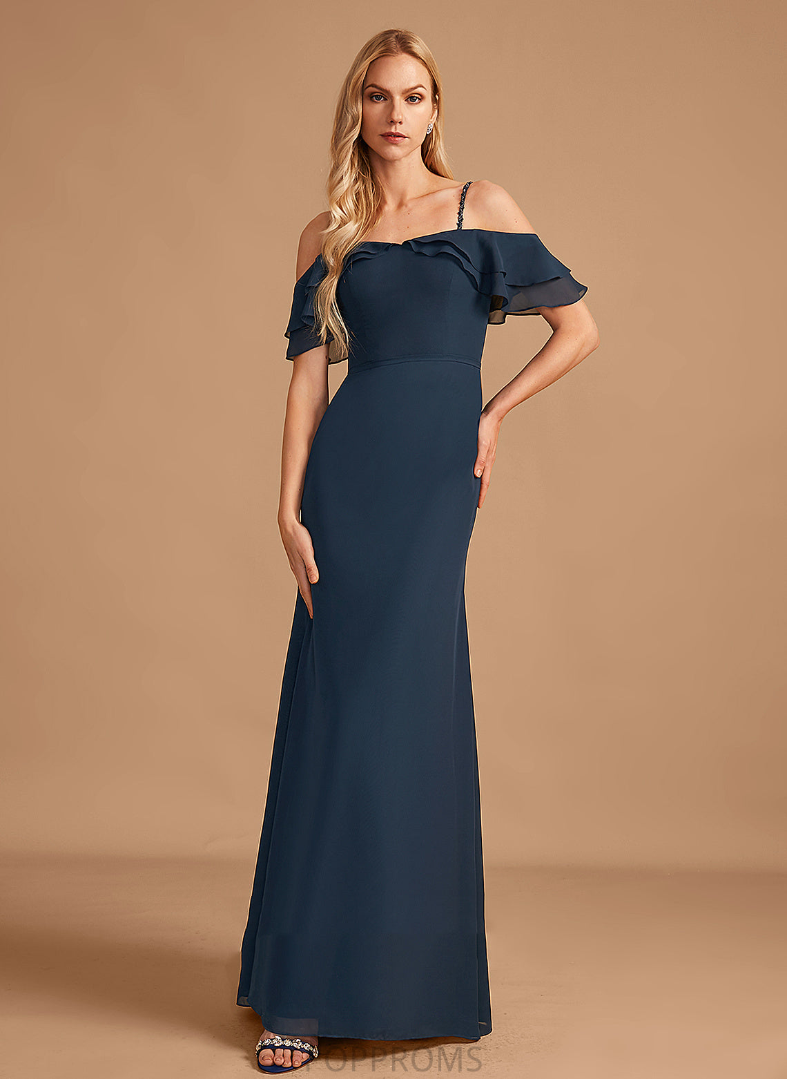 Length Embellishment Ruffle Sheath/Column Fabric Floor-Length Neckline Silhouette Off-the-Shoulder Beading Nathalia Spaghetti Staps Bridesmaid Dresses