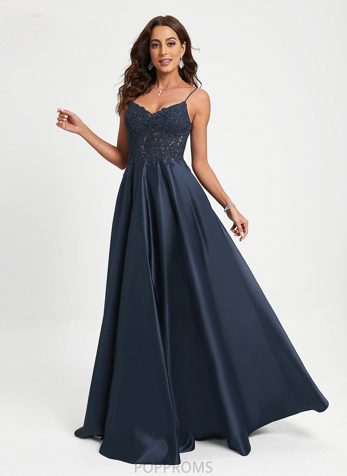 A-Line Satin With Prom Dresses Sequins Lace V-neck Joanne Floor-Length