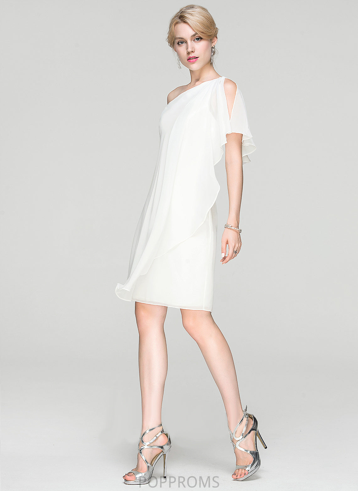 Dress Sheath/Column Ruffle One-Shoulder Alaina Cocktail Dresses Chiffon Cocktail Knee-Length With