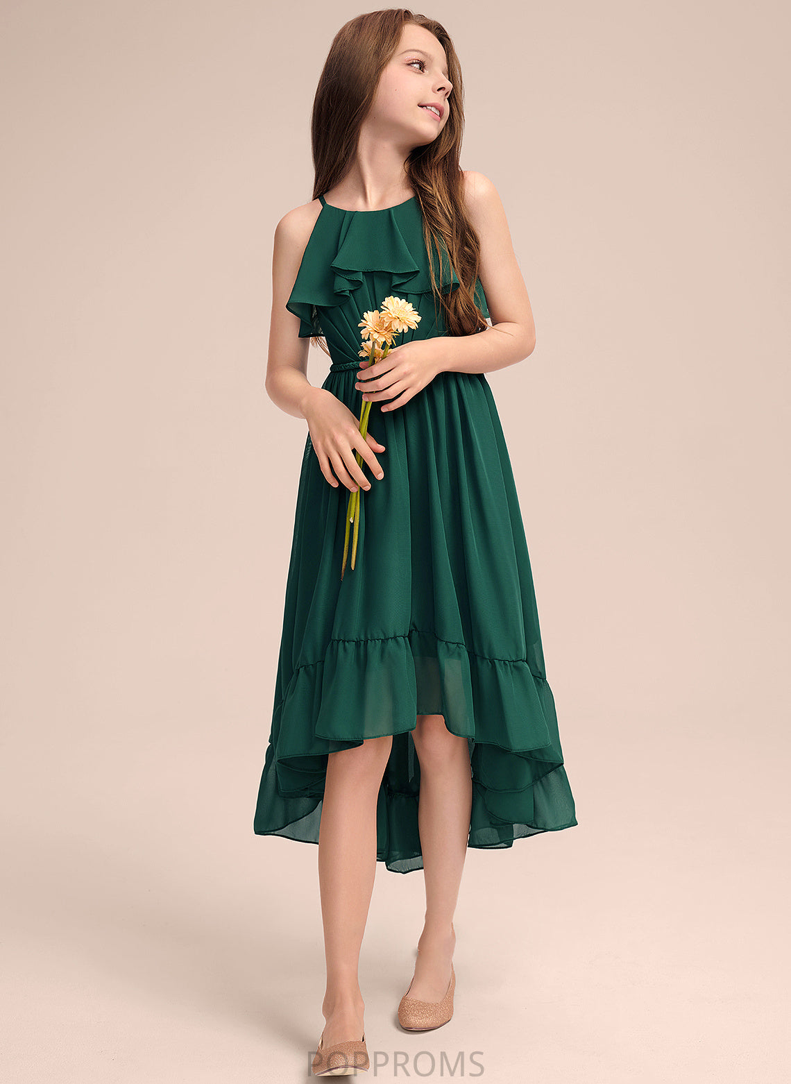 With Ruffles Cascading A-Line Asymmetrical Cristina Junior Bridesmaid Dresses Chiffon Scoop Neck