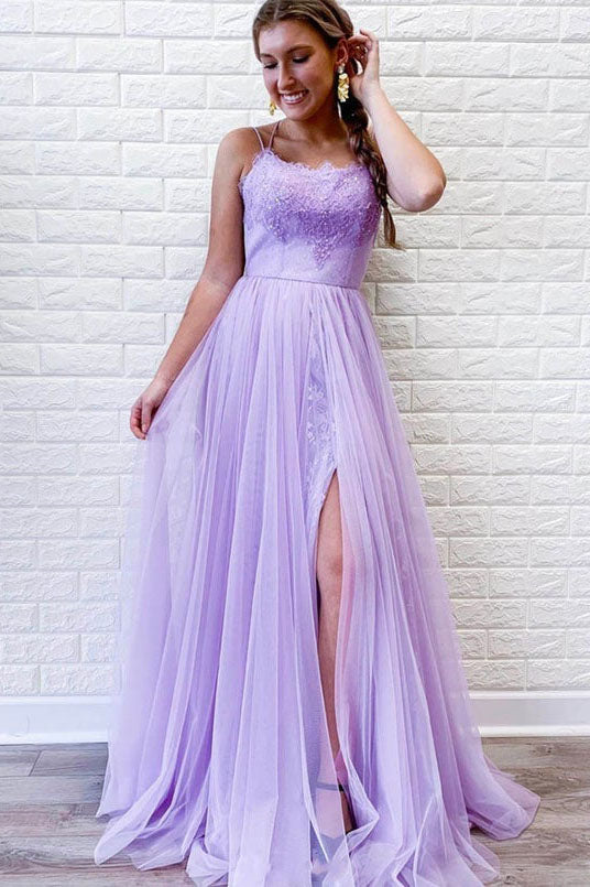 Lilac A Line Tulle Lace Evening Dresses Appliques Long Prom Dresses