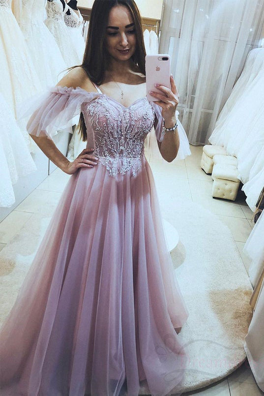 A Line Pink Tulle Lace Appliques Formal Evening Dresses Long Prom Dresses