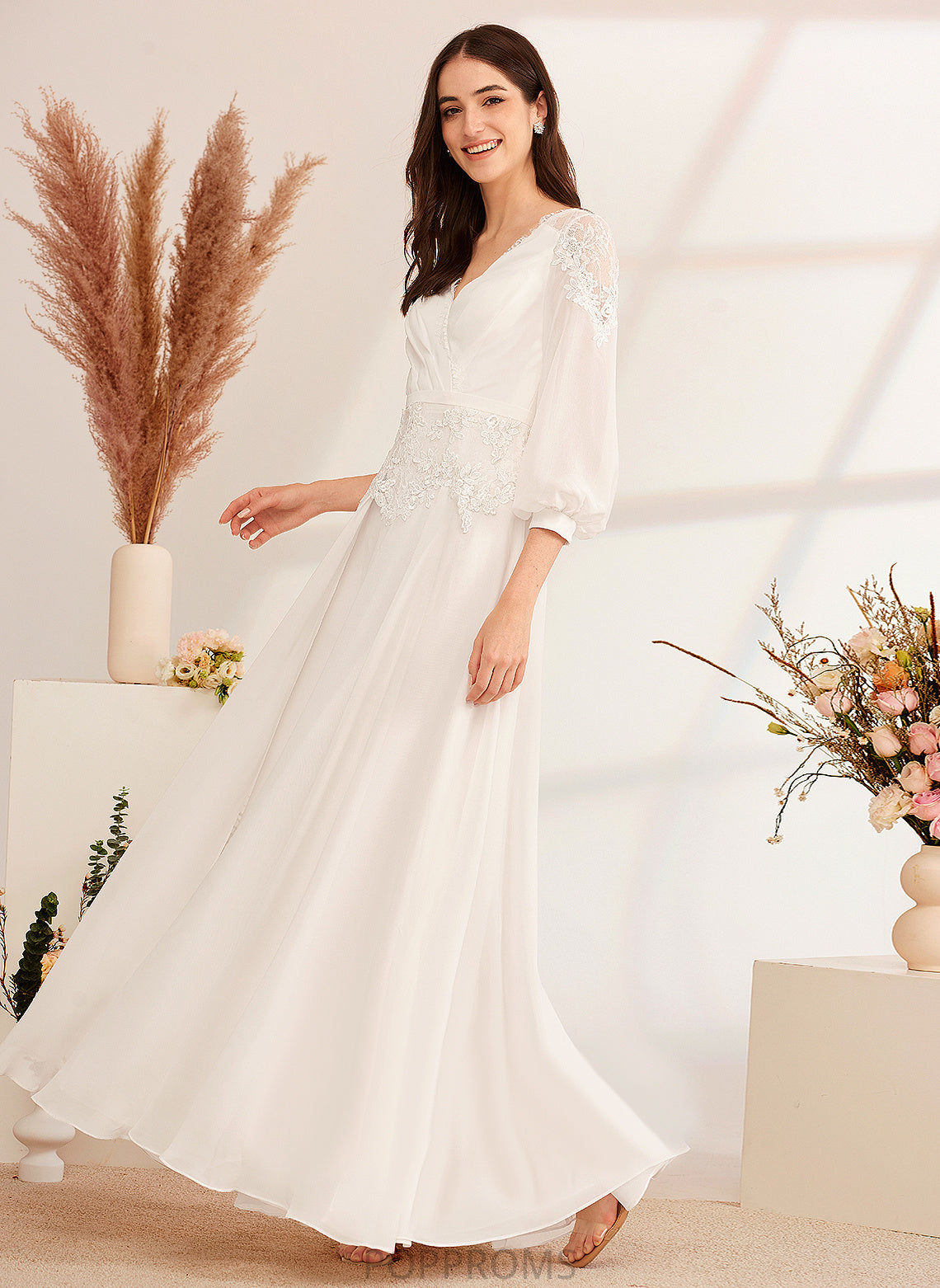 Lace Chiffon A-Line Wedding Dress Wedding Dresses Shirley With Floor-Length V-neck