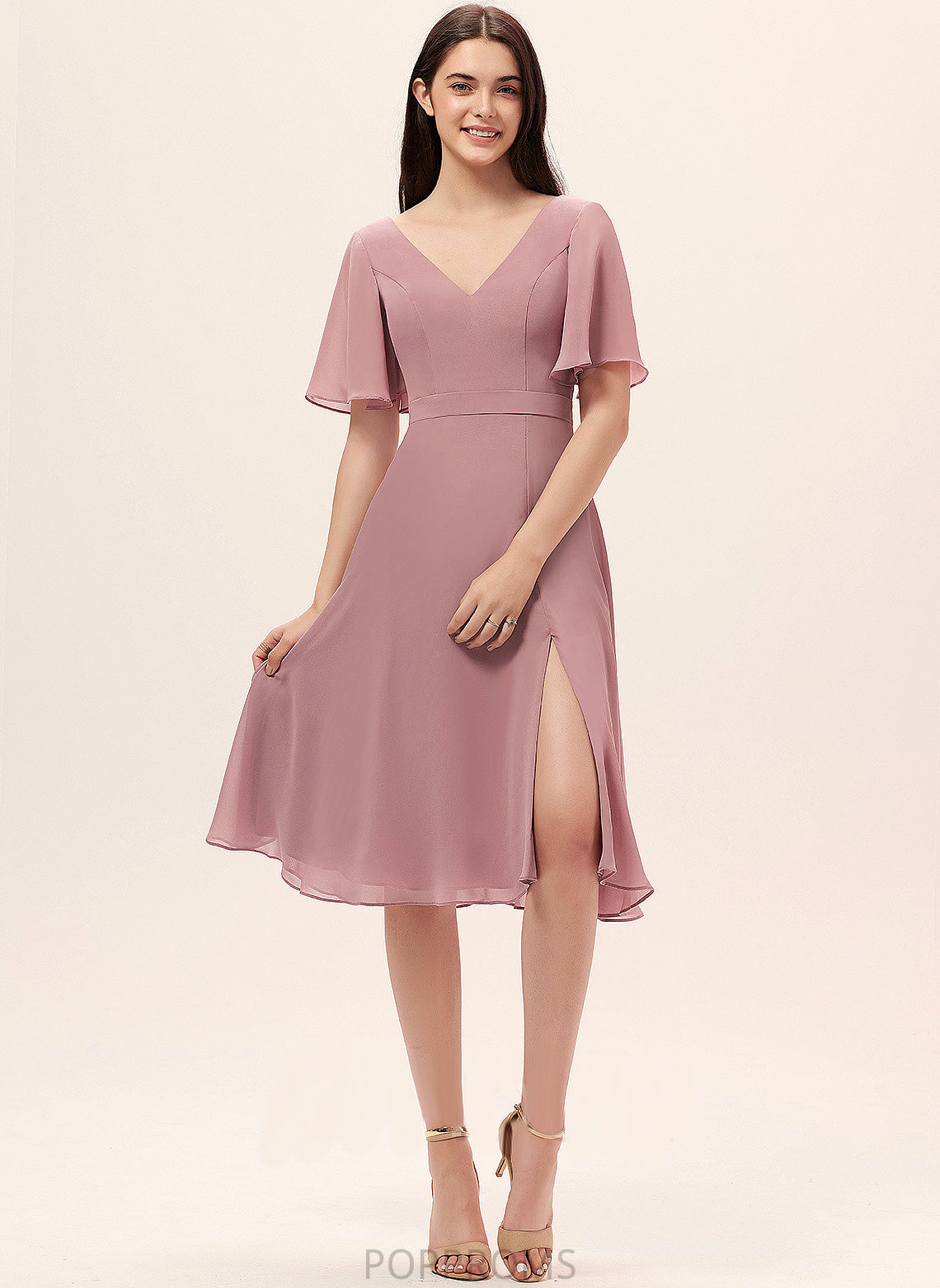 V-neck With A-Line Cocktail Dress Front Split Cocktail Dresses Knee-Length Rihanna Chiffon