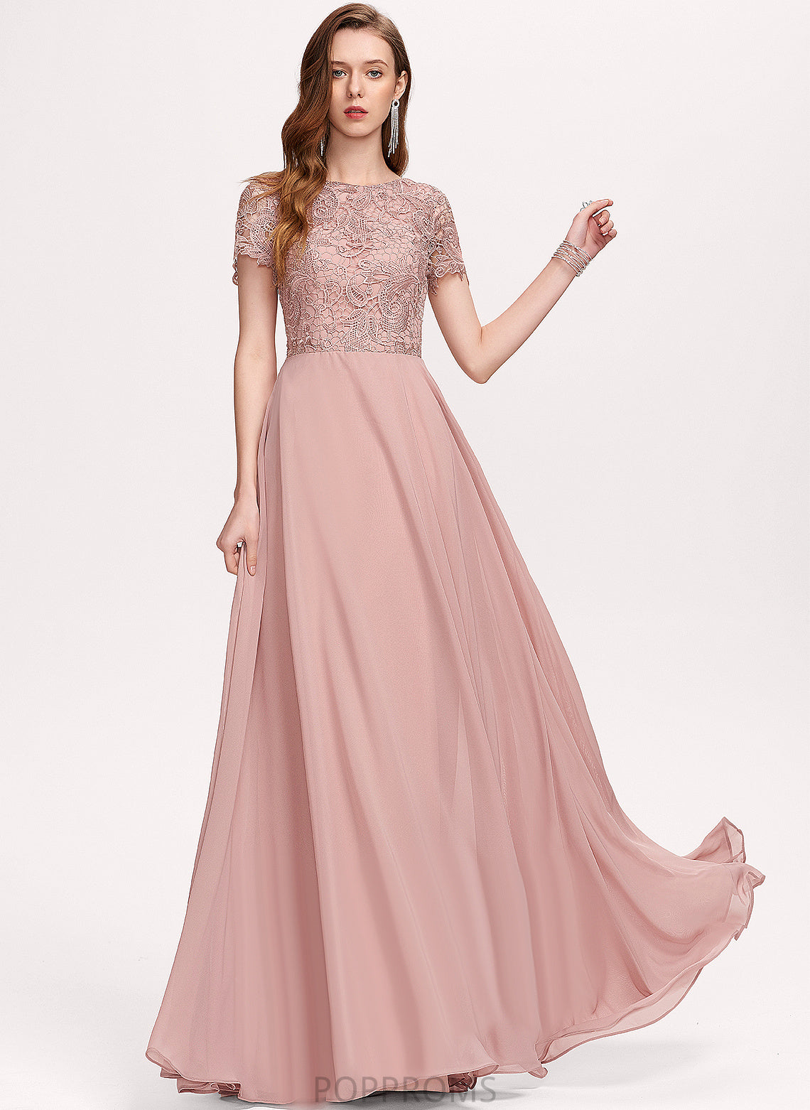 Lace A-Line Scoop Ginny Chiffon Floor-Length Prom Dresses With Sequins