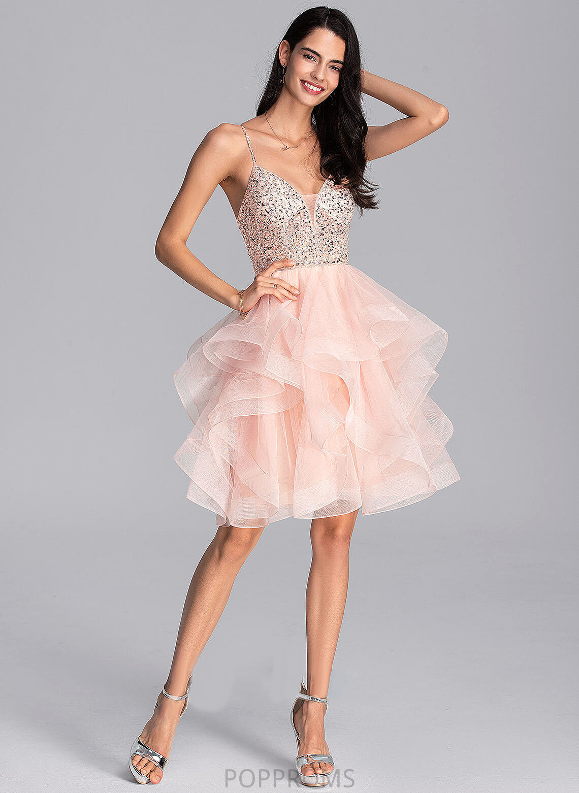 With V-neck Knee-Length Ball-Gown/Princess Prom Dresses Beading Tulle Casey Sequins