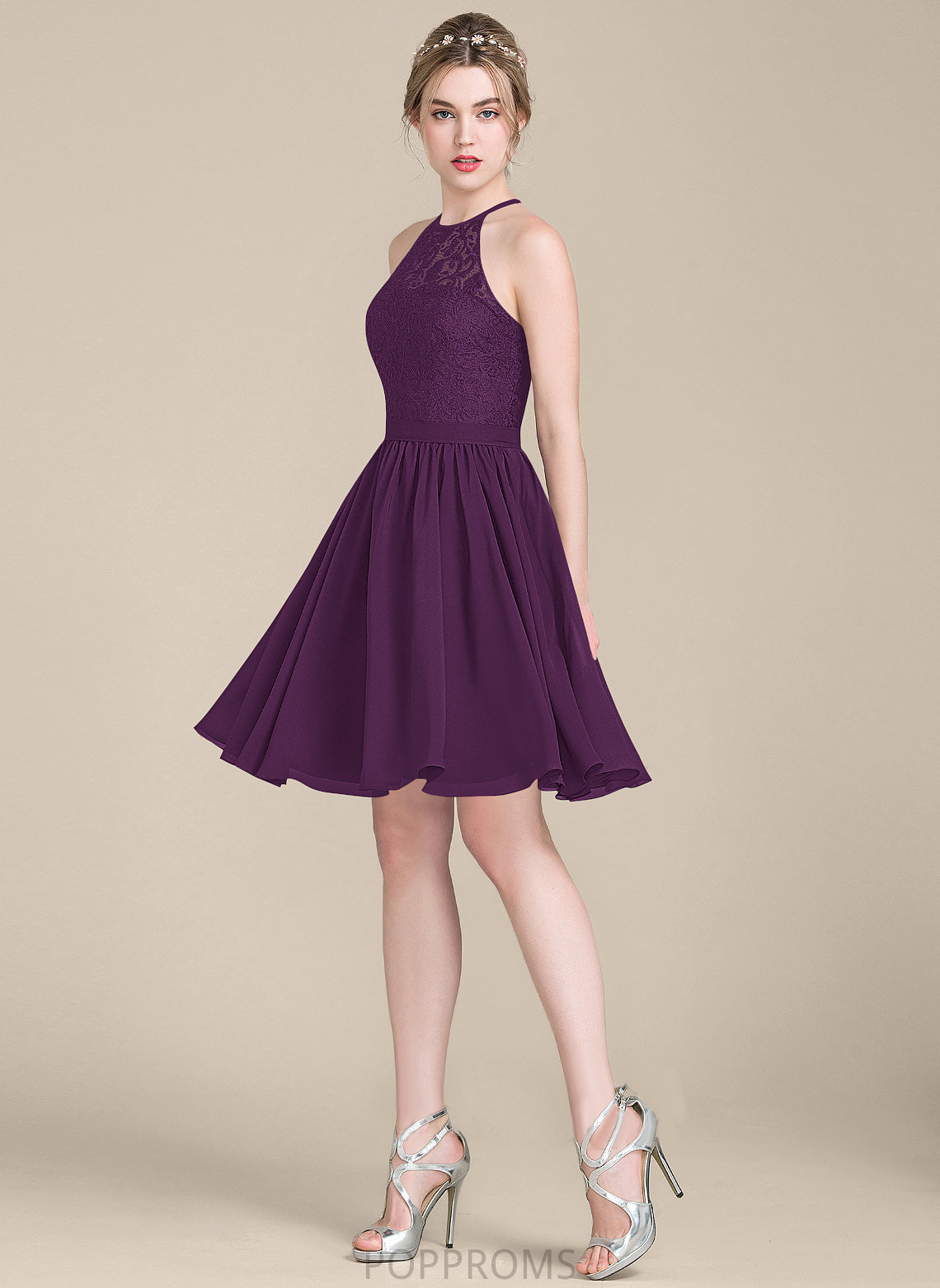 Shelby Neck Knee-Length Cocktail Scoop Cocktail Dresses Chiffon A-Line Dress Lace