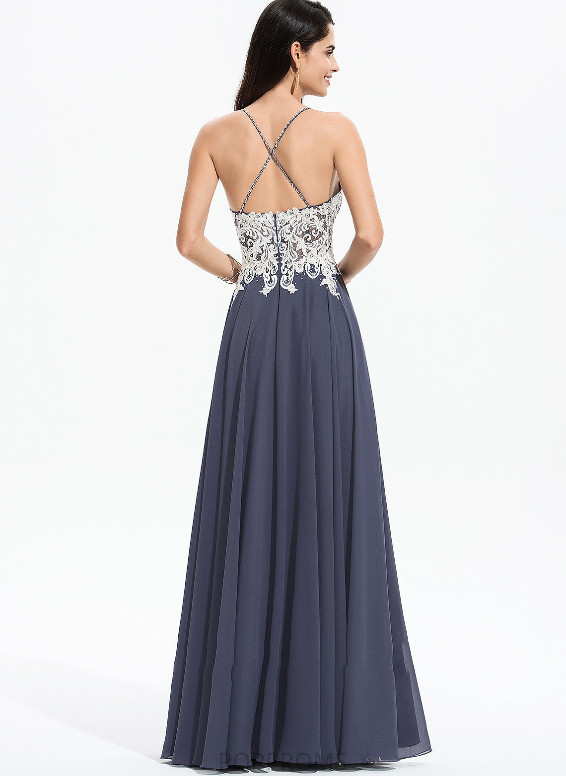 Zion Split A-Line With Front Lace Chiffon Sequins Prom Dresses Beading Floor-Length