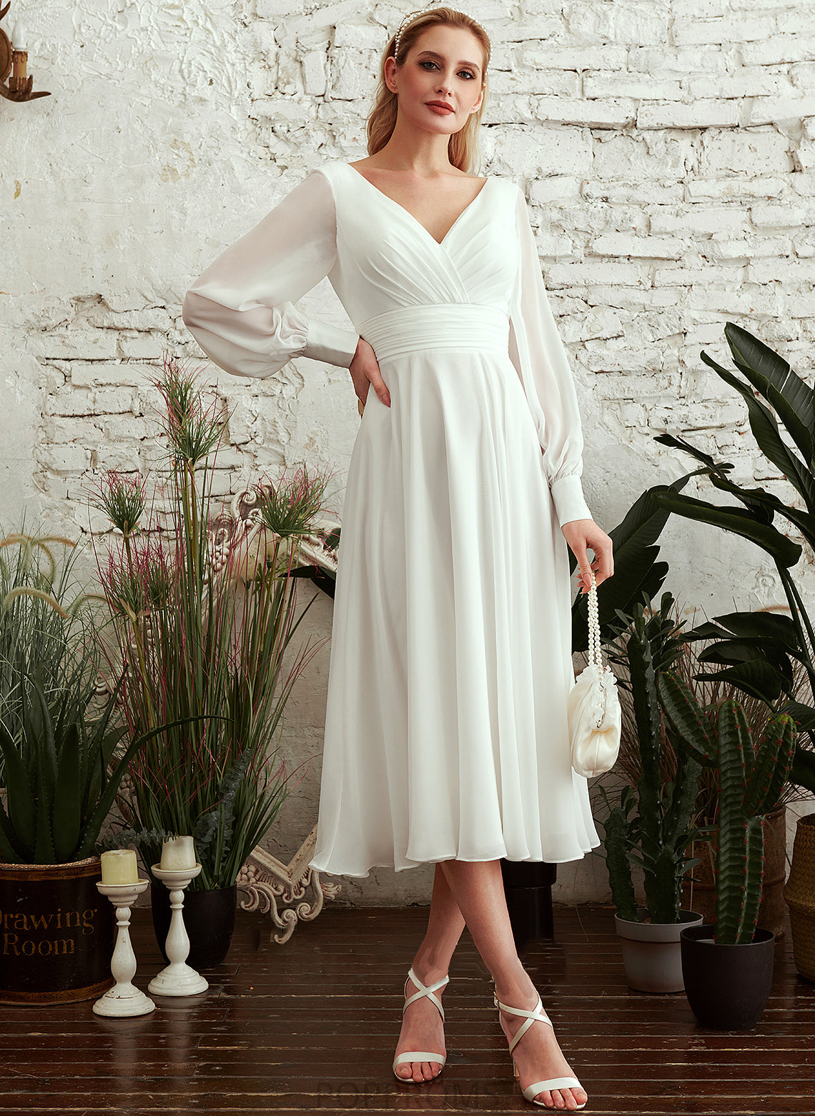 Wedding Dresses A-Line Yaritza V-neck Wedding Tea-Length Dress