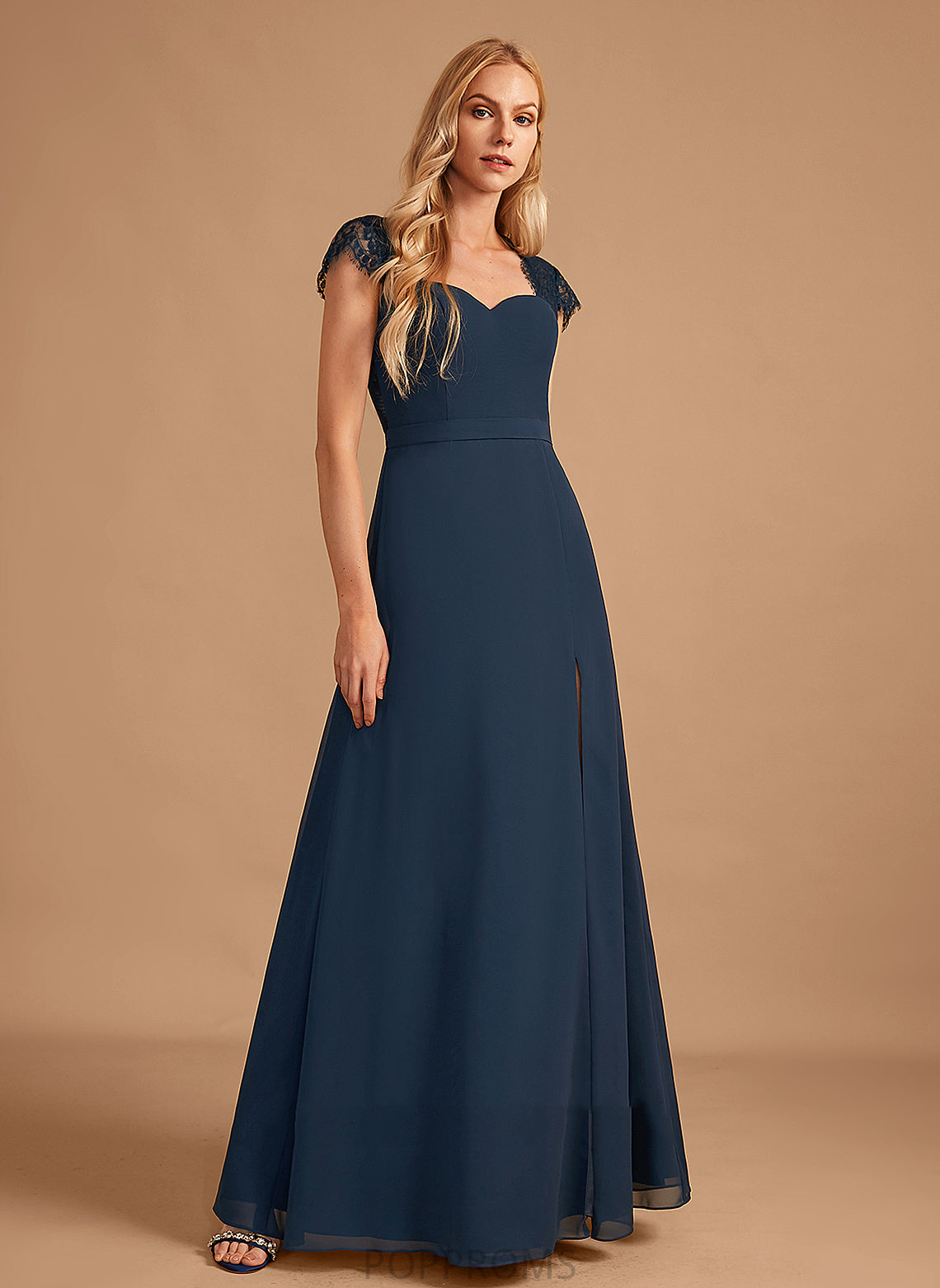 Silhouette Floor-Length Fabric Lace A-Line Embellishment Length Neckline SplitFront V-neck Madelyn Sleeveless Bridesmaid Dresses