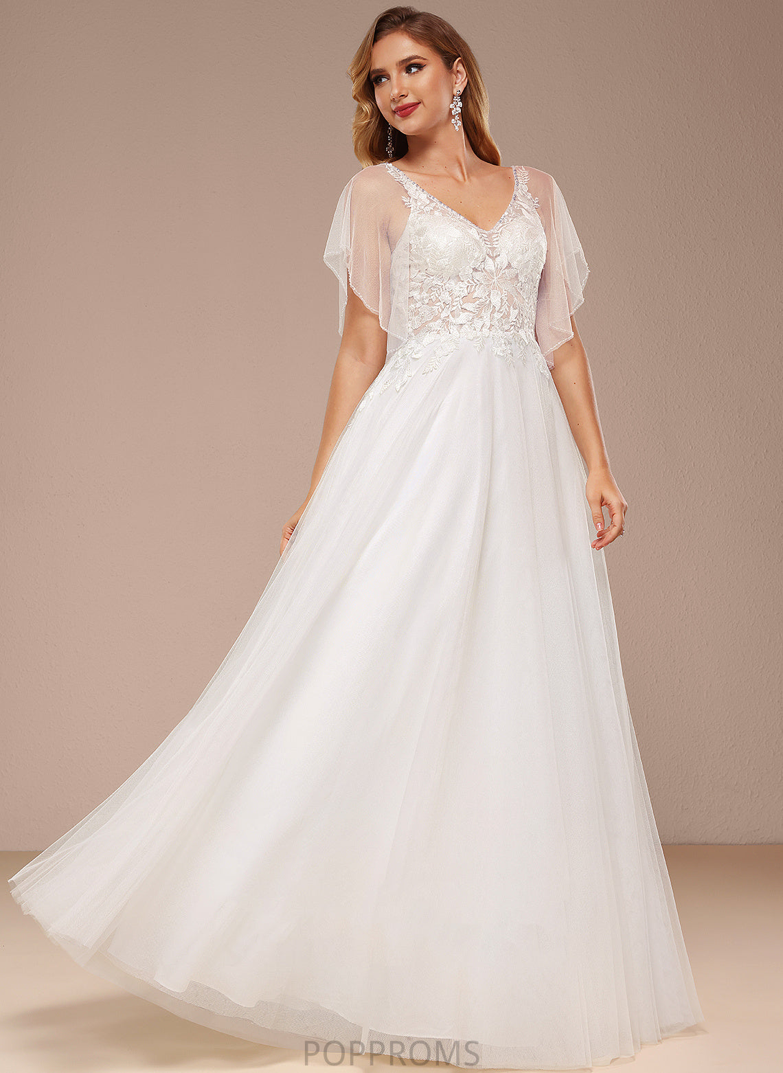 With V-neck Floor-Length Lace Tulle Alannah Ruffle A-Line Wedding Sequins Dress Wedding Dresses