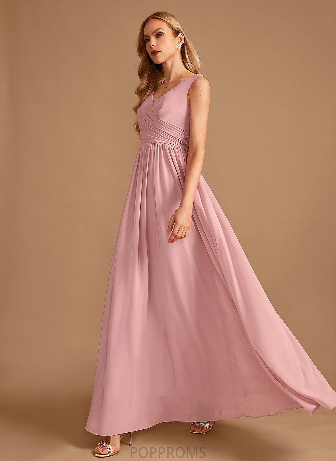 A-Line Length V-neck Silhouette Embellishment Fabric Neckline Ruffle Floor-Length Bow(s) Pat Sleeveless Bridesmaid Dresses