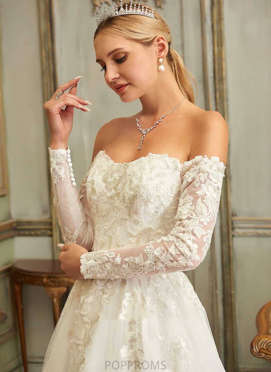 Ball-Gown/Princess Train With Wedding Dresses Lace Lace Tulle Sweep Angelina Wedding Off-the-Shoulder Dress