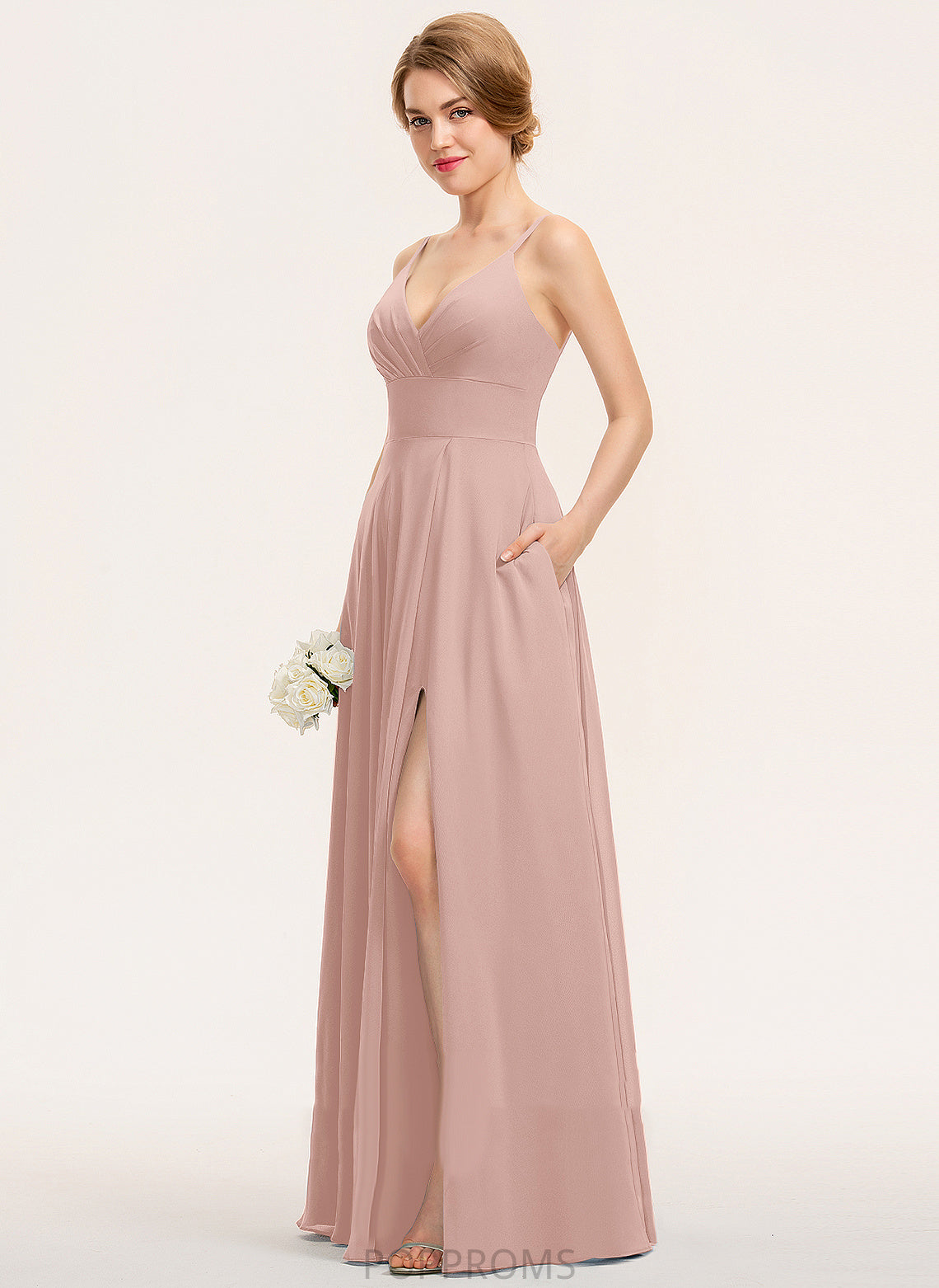 A-Line Skylar V-neck Floor-Length Chiffon Prom Dresses With Pleated