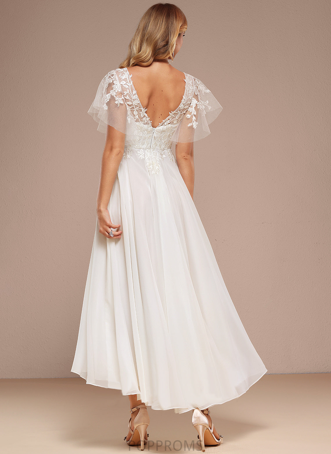 Ruffle Dress V-neck Wedding Asymmetrical With Elva Tulle Lace A-Line Wedding Dresses