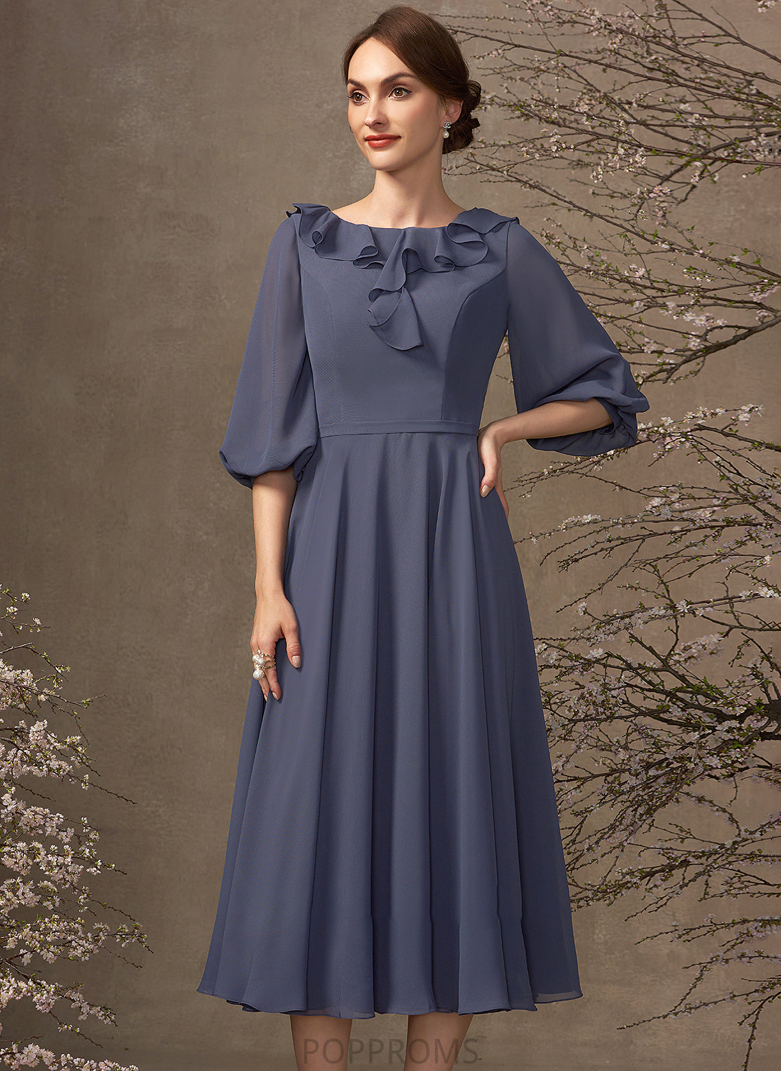 Mother of the Bride Dresses Dress Chiffon Mother Tea-Length Bride Cascading of Scoop Neck the Kenzie A-Line Ruffles With