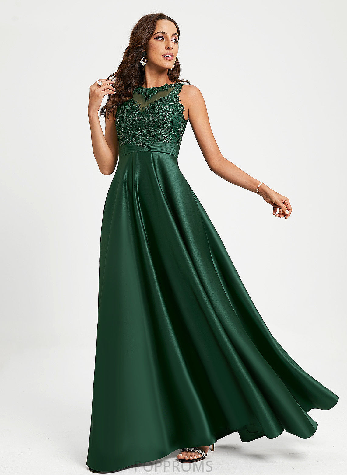 Scoop Lace With Polly Satin Floor-Length Sequins Prom Dresses Ball-Gown/Princess