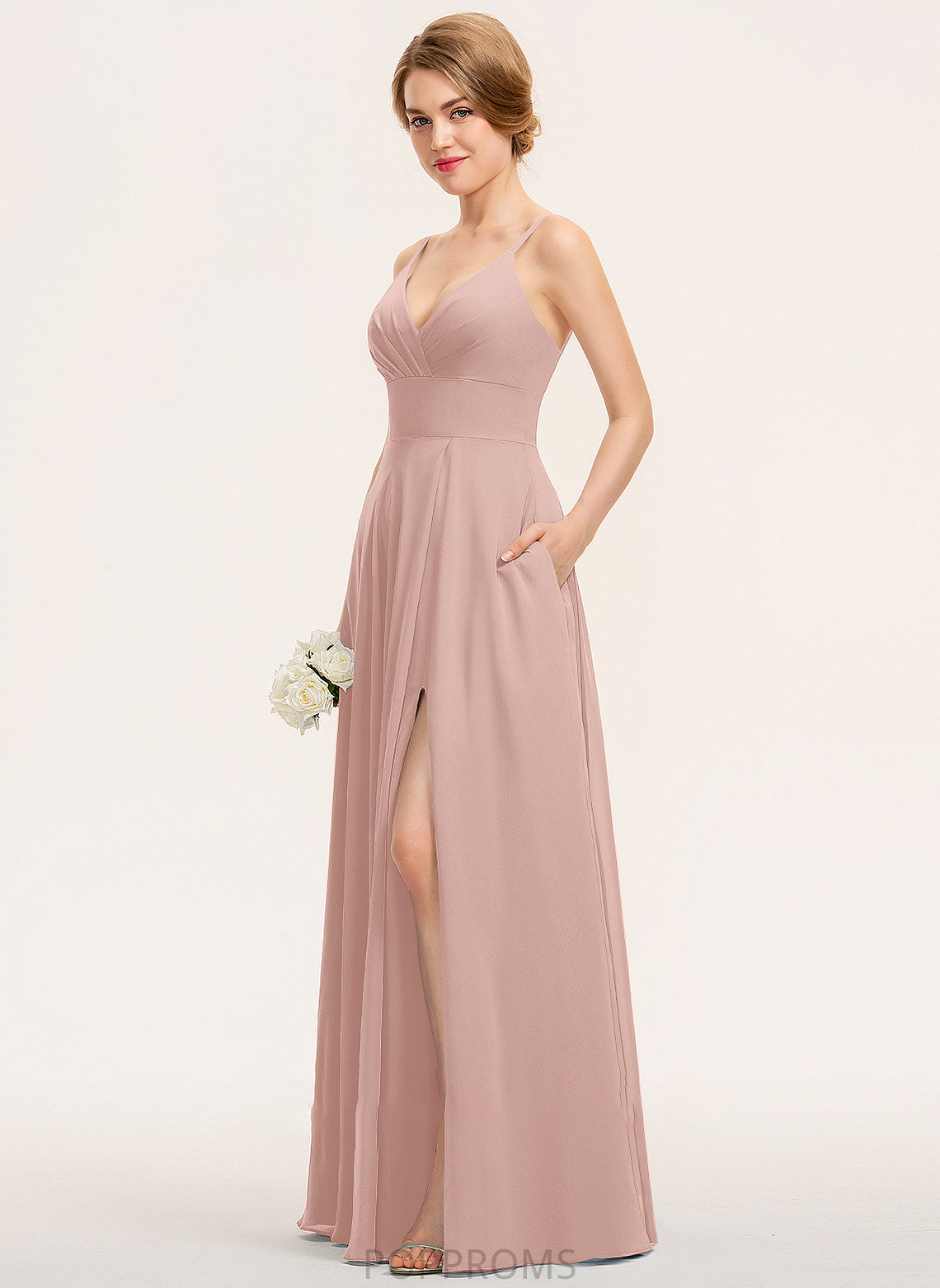 V-neck A-Line With Ruffle Pockets Chiffon Philippa Prom Dresses Floor-Length