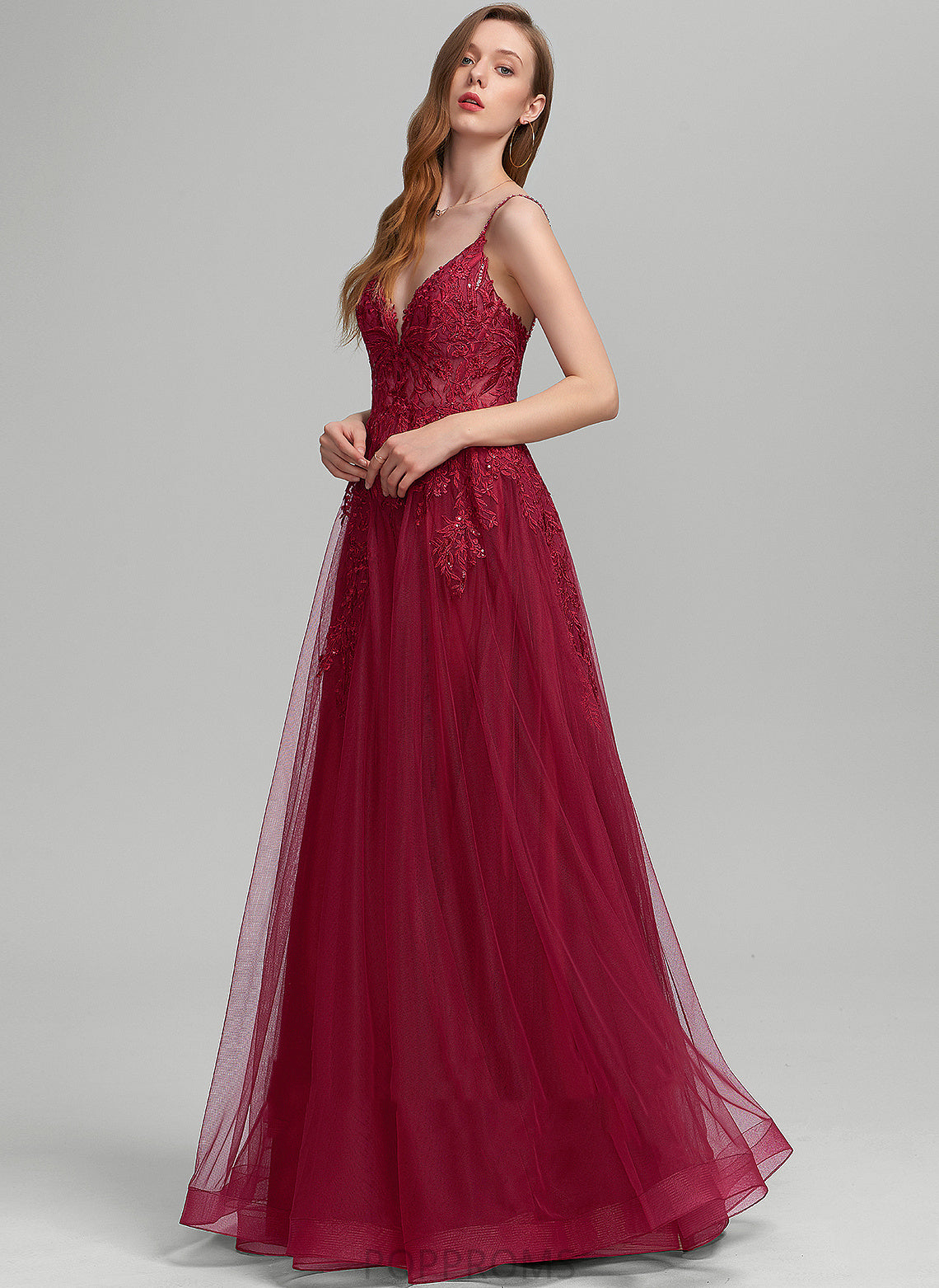 Ball-Gown/Princess With Sequins Prom Dresses Lace Beading Floor-Length Maya Tulle V-neck