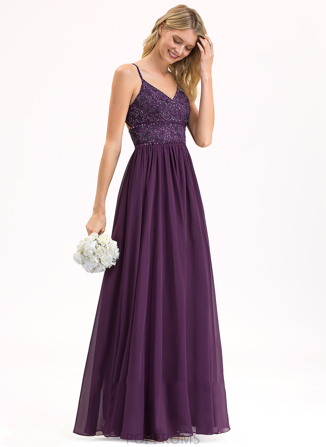 V-neck With Floor-Length Aylin Sequins Prom Dresses Lace Chiffon Beading A-Line