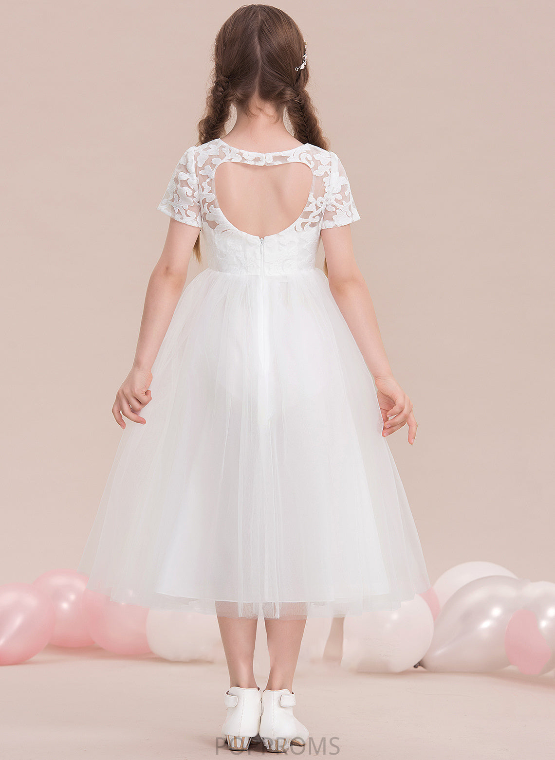 Tulle Tea-Length A-Line Neck Junior Bridesmaid Dresses Deanna Scoop