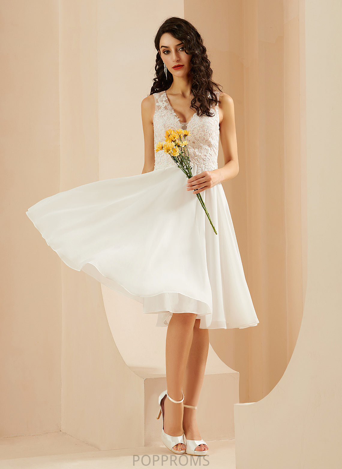 A-Line Abagail Wedding Chiffon Lace Knee-Length V-neck Sequins With Dress Wedding Dresses