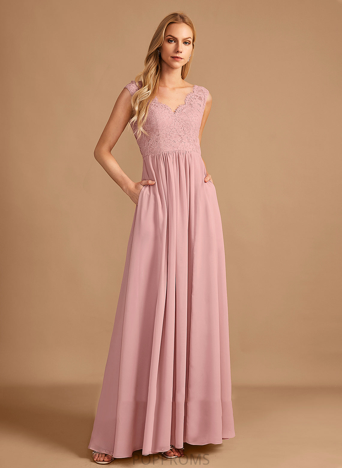 SplitFront Floor-Length Length A-Line V-neck Pockets Fabric Neckline Silhouette Embellishment Patricia Sleeveless Bridesmaid Dresses