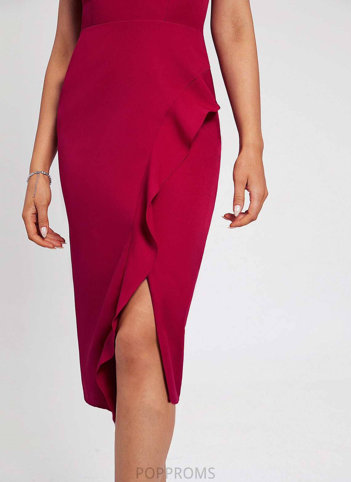 Sheath/Column Cocktail Dresses Knee-Length Karen Crepe Ruffle Stretch Cocktail Dress Split Front V-neck With