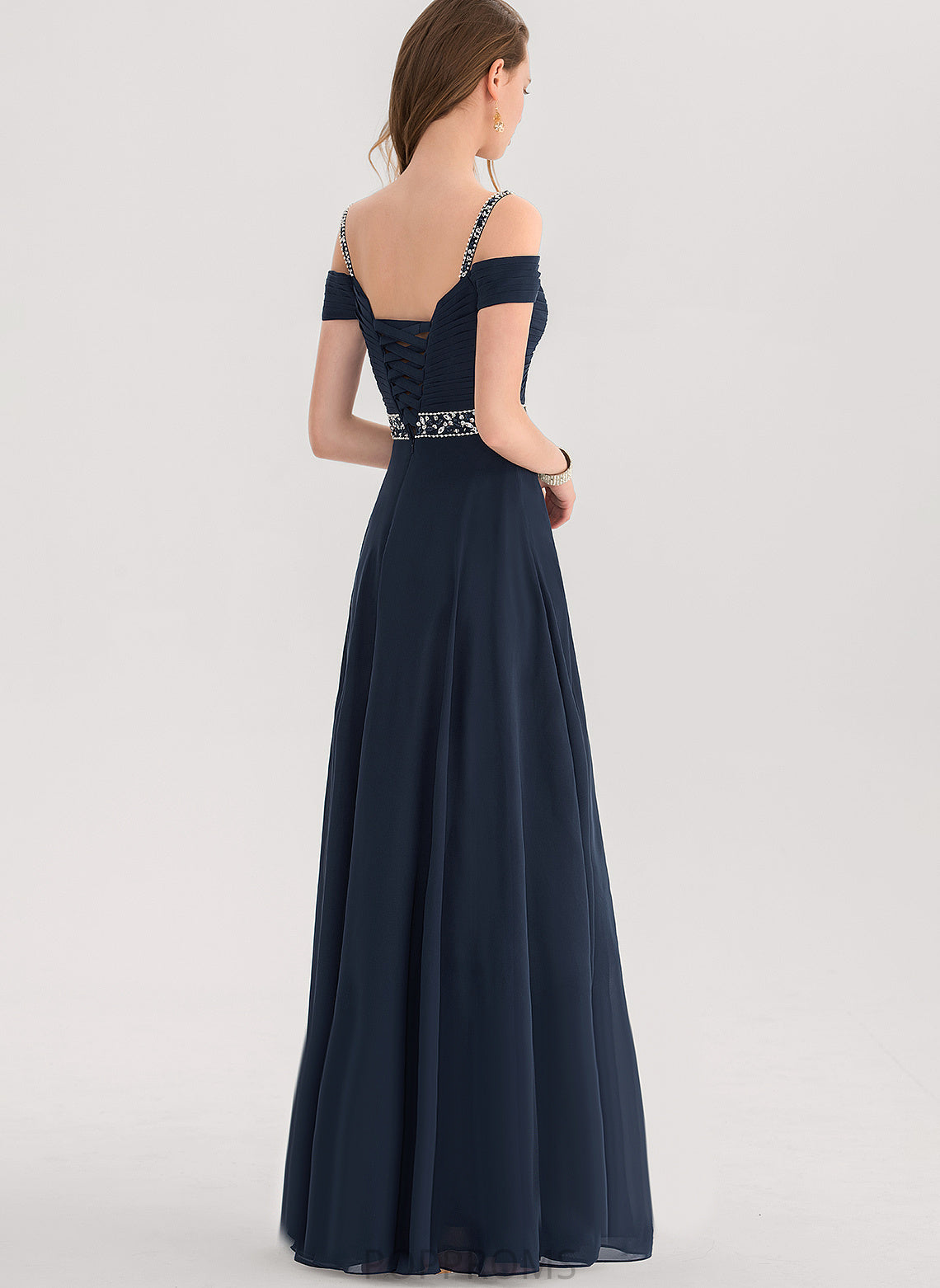 Shoulder Floor-Length Prom Dresses Beading Pleated Chiffon With Sequins Cold Isabel V-neck A-Line