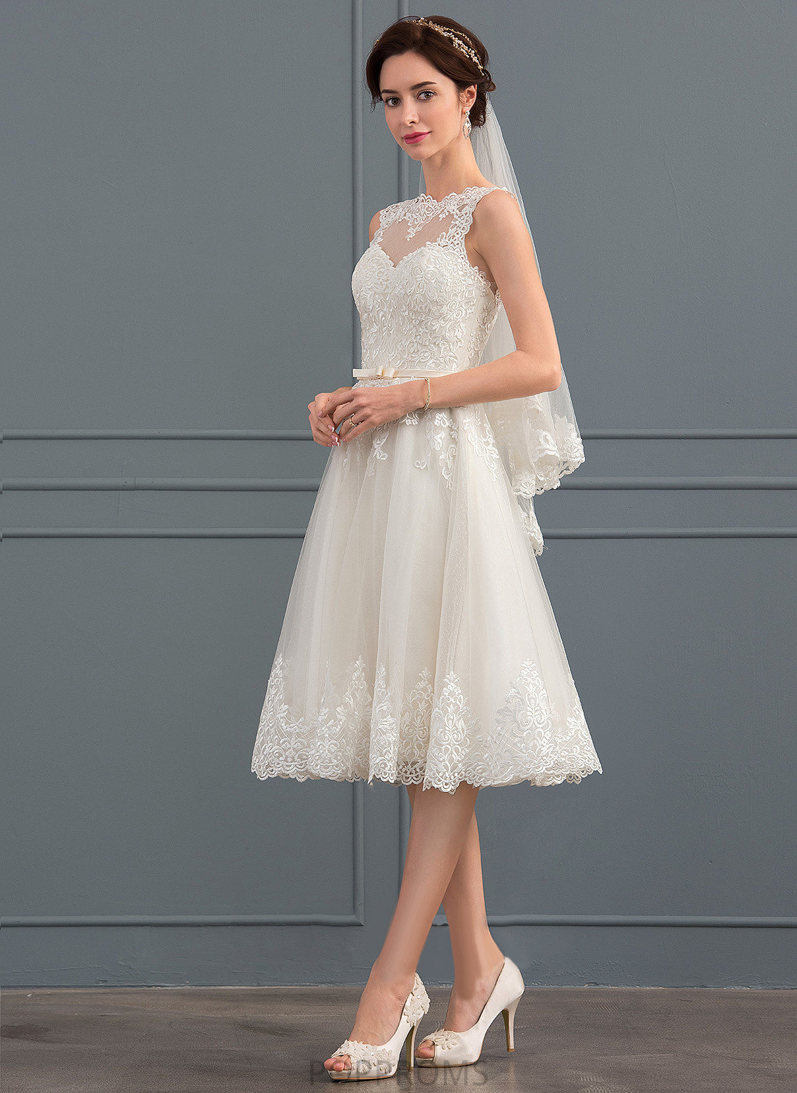 Lace Dress Wedding Bow(s) With Wedding Dresses Satin Tulle A-Line Emely Illusion Knee-Length